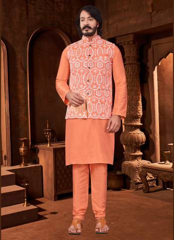 Take your ethnic style quotient to the next level by wearing this fashionable kurta set.Its Come With Art SIlk Fabricated Pair With Art Silk acket And  Silk Fabric Payjama.Buy Now.