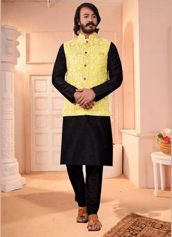 Take your ethnic style quotient to the next level by wearing this fashionable kurta set.Its Come With Art SIlk Fabricated Pair With Art Silk acket And  Silk Fabric Payjama.Buy Now.