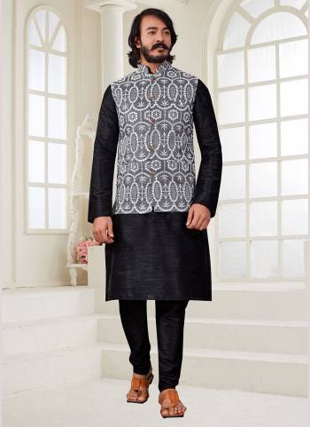 Take your ethnic style quotient to the next level by wearing this fashionable kurta set.Its Come With Art SIlk Fabricated Pair With Art Silk acket And  Silk Fabric Payjama.Buy Now.