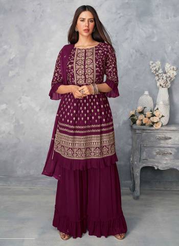For A Designer Look ,Grab These Sharara Suit In All Over Pretty Colored.These Top Is Fabricated On Georgette Pair With Georgette Bottom And Dupatta.Its Beautified With Heavy Sequance Jari Embroidery Work.
