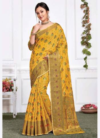 For A Different Look, Grab These Saree in Musterd Colored Pair With Usterd Blouse.These Saree And Blouse Are Fabricated On Cotton Based.Its Beautified With Woven Designer Work.