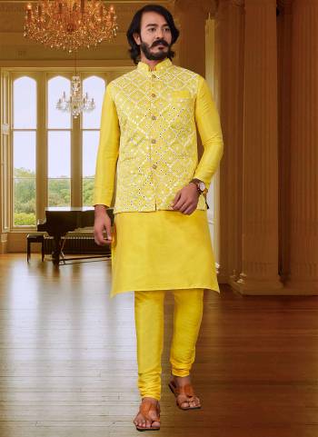 Take your ethnic style quotient to the next level by wearing this fashionable kurta set.Its Come With Art Silk Fabricated Pair With Art Silk Jacket And Silk Fabric Payjama.Buy Now