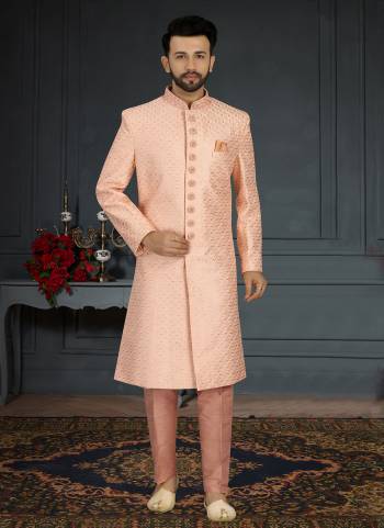 Take your ethnic style quotient to the next level by wearing this fashionable Set.These Sherwani is Fabricated On Jacquard Silk Pair With Dupion Silk Bottom .Its Come With Heavy Designer Work.