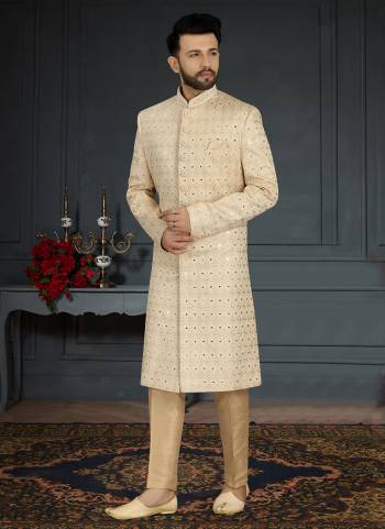 Take your ethnic style quotient to the next level by wearing this fashionable Set.These Sherwani is Fabricated On Jacquard Silk Pair With Dupion Silk Bottom .Its Come With Heavy Designer Work.