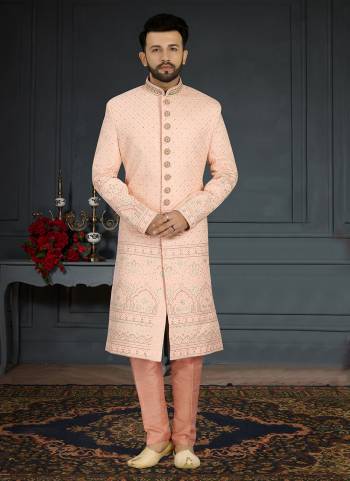 Take your ethnic style quotient to the next level by wearing this fashionable Set.These Sherwani is Fabricated On Jacquard Silk Pair With Dupion Silk Bottom .Its Come With Heavy Designer Work.