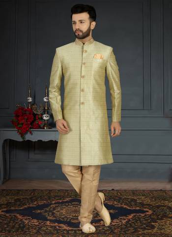 Take your ethnic style quotient to the next level by wearing this fashionable Set.These Sherwani is Fabricated On Jacquard Silk Pair With Dupion Silk Bottom .Its Come With Heavy Designer Work.