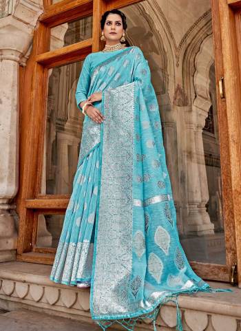 Grab These Saree in Beautiful Colored Pair With atching Blouse.These Saree And Blouse Are Fbaricated On Linen Based.Its Beautified With Heavy Silver Jari Wevon Designer Work.Buy Now