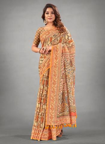 Here Is A Beautiful Royal Looking Saree In Fine Colored.These Saree And Blouse Are Fabricated On Linen Based.Its Beautified With Designer Digital Printed.