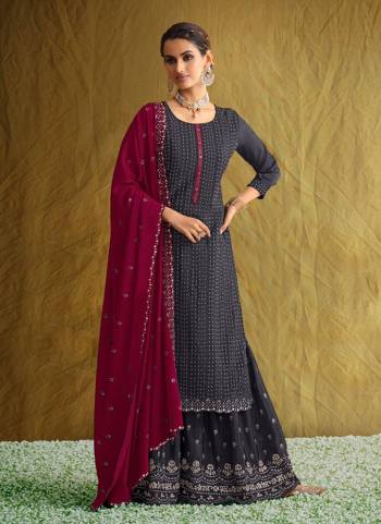 For A Different Look,Grab These Sharara Suit in All Over Fine Colored.These Top And Bottom Are Fabricated On Chinon Pair WIth Chinon Dupatta.Its Beautified With Heavy Designer Embroidery Work.