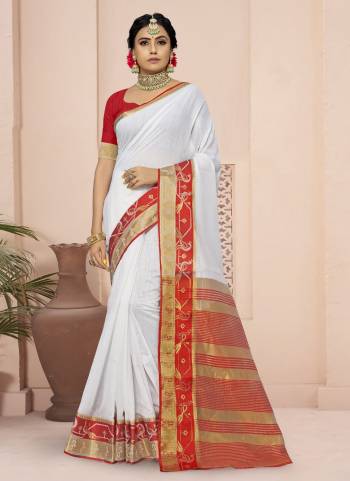 For A Different Look,Grab These White Colored Saree Pair With Red Blouse.These Saree And Blouse Are Fabricated On Cotton Blend.Its Beautified With Wevon Border Pallu Designer Work.