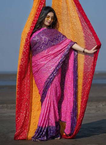 Grab These Beautiful Colored Saree Pair With Matching Colored Blouse.These Saree And Blouse Are Fabricated On Georgette.Its Beautified With Bandhani Printed Work.