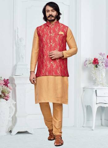 For A Festive Wear,Grab These Readymade Pair in Fine Colored.These Kurta And Bottom Are Fabricated on Art Silk Pair With Silk Jacquard Jacket.Its Beautified With Designer Wevon Work.