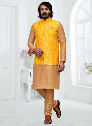 For A Festive Wear,Grab These Readymade Pair in Fine Colored.These Kurta And Bottom Are Fabricated on Art Silk Pair With Silk Jacquard Jacket.Its Beautified With Designer Wevon Work.