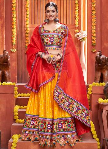 Grab These Beautiful Colored Lehenga Choli.These Lehenga And Blouse Are Fabricated On Cotton Silk Pair With Art Silk Dupatta.Its Beautified With Printed,Special Gamthi,Real Mirror Embroidery Work.