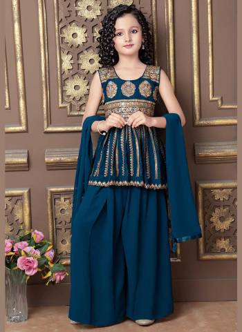 Attrective Looking Kidswear Readymade Sharara Suits.This Suits Are Faux Georgette Fabric Base With Heavy Golden Thread Embroidery Work.