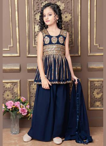 Attrective Looking Kidswear Readymade Sharara Suits.This Suits Are Faux Georgette Fabric Base With Heavy Golden Thread Embroidery Work.