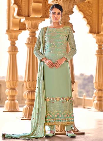 Garb These Attrective Suits In Fine Light Color.These Suits Are Viscose Bemberg Georgette Top And Dull Santoon Bottom And Inner With Chinon Chiffon Dupatta Base Fabric With Designer Thread,Sequance Embroidery Work.