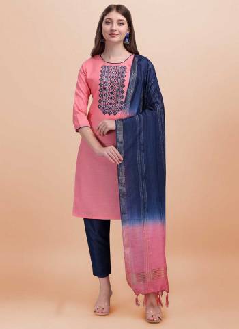 For A Casual Wear,Grab These Readymade Suit in Fine Colored.These Top And Botom Are Fabricated On Slub Cotton Pair With Cotton Silk Dupatta.Its Beautified With Designer Embroidery Work.