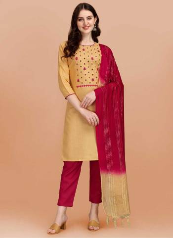 Grab These Beautiful Colored Suit.These Top and Bottom Are Fabricated On Slub Cotton Pair With Cotton Silk Dupatta.Its Beautified With Designer Embroidery Work.