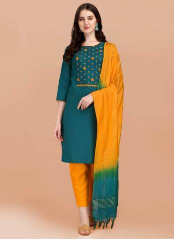 Grab These Beautiful Colored Suit.These Top and Bottom Are Fabricated On Slub Cotton Pair With Cotton Silk Dupatta.Its Beautified With Designer Embroidery Work.