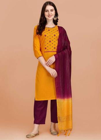 Grab These Beautiful Colored Suit.These Top and Bottom Are Fabricated On Slub Cotton Pair With Cotton Silk Dupatta.Its Beautified With Designer Embroidery Work.