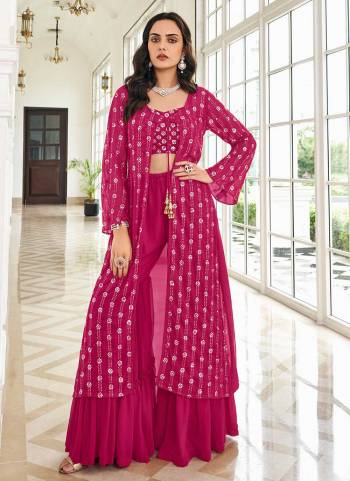 Attrective Looking These Partywear Free Size Stitched Suit in Fine Colored Pair With Bottom And Jacket.These Top Bottom And Jacket Are Fabricated On Faux Georgette Pair.Its Beautified With Heavy Designer Sequance Embroidery Work.