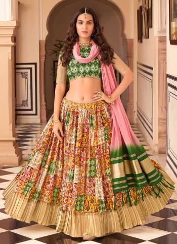 For A Designer Look,Grab These Lehenga Choli in Fine Colored.These Lehenga And Blouse Are Fabricated On Satin Silk Pair With Soft Silk Dupatta.Its Beautified With Digital Printed,Crush And Wevin Lagdi Patta Designer.