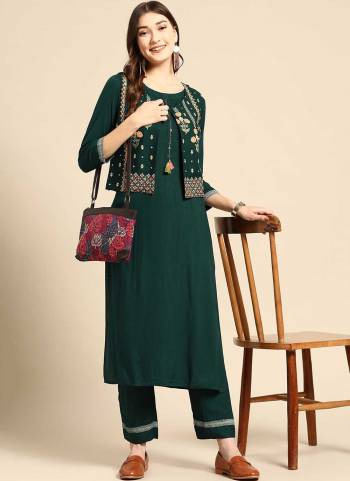 This Trendy yet Attractive Poduct Look Stylish Effortlessly. Made To Accentuate Any Body Type. This Fine Color Rayon Kurta, Trouser & Jacket Enhance with Floral Foil & Pigment Printed.