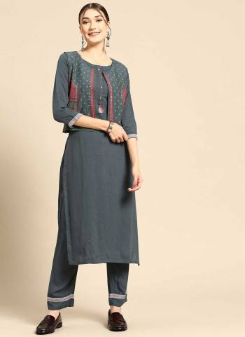 This Trendy yet Attractive Poduct Look Stylish Effortlessly. Made To Accentuate Any Body Type. This Fine Color Rayon Kurta, Trouser & Jacket Enhance with Floral Foil & Pigment Printed.