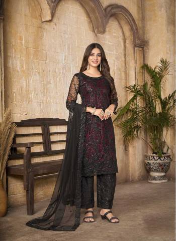 Grab These Pant Suit in Fine Colored Pair With Bottom And Dupatta.These Top And Dupatta Are Fabricated On Net Pair With Santoon Bottom.Its Beautified With Satin Inner.Its Beautified With Heavy Designer Black Sequance Embroidery Work.