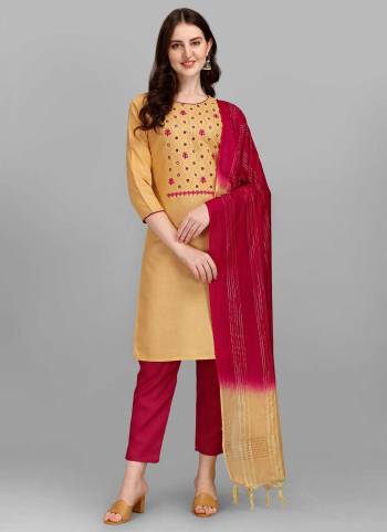 Grab These Readymade Suit in Fine Colored Pair With Bottom And Dupatta.These Top And Bottom Are Fabricated On Slub Cotton Pair With Cotton Silk Dupatta.Its Beautified With Wevon Designer,Thread Embroidery Work.