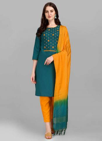 Grab These Readymade Suit in Fine Colored Pair With Bottom And Dupatta.These Top And Bottom Are Fabricated On Slub Cotton Pair With Cotton Silk Dupatta.Its Beautified With Wevon Designer,Thread Embroidery Work.