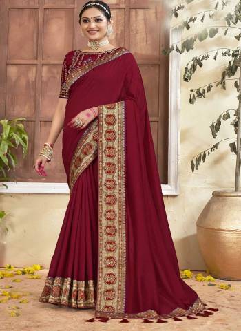 Look Attrective These Party Wear Saree in Fine Colored.These Saree And Blouse  is Fabricated On Vichitra Silk.Its Beautified With Heavy Designer Embroidery Work Blouse And Wevon Big Border.