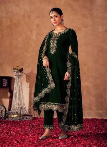 Attrective These Suit in Fine Colored Pair With Bottom And Dupatta.These Top And Bottom Are Velvet And Pair With Velvet Dupatta.Its Beautified With Heavy Designer Embroidery Work.