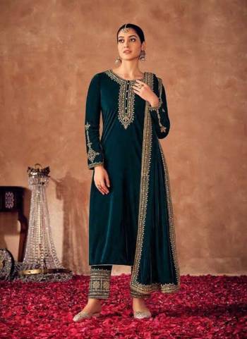 Attrective These Suit in Fine Colored Pair With Bottom And Dupatta.These Top And Bottom Are Velvet And Pair With Velvet Dupatta.Its Beautified With Heavy Designer Embroidery Work.