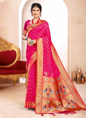 Looking These Party Wear Saree in Fine Colored.These Saree And Blouse is Fabricated On Paithani Silk.Its Beautified With Weavon Jari Designer.