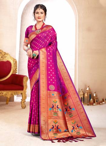 Looking These Party Wear Saree in Fine Colored.These Saree And Blouse is Fabricated On Paithani Silk.Its Beautified With Weavon Jari Designer.