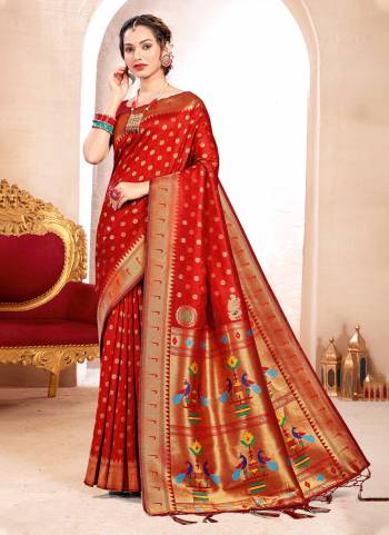 Looking These Party Wear Saree in Fine Colored.These Saree And Blouse is Fabricated On Paithani Silk.Its Beautified With Weavon Jari Designer.