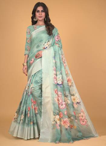 Look Attrective These Designer Party Wear Saree in Fine Colored.These Saree And Blouse is Fabricated On Cotton Silk Blend.Its Beautified With Wevon Border, Designer Digital Floral Printed.