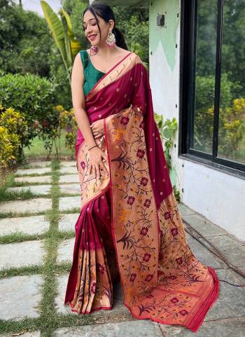 Attrective These Party Wear Paithani Saree With Contrast Blouse in Fine Colored.These Saree And Blouse is Fabricated On Soft Silk.Its Beautified With Weavon Paithani Meenakari Designer.