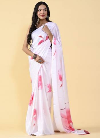 Garb This Partywear Saree Paired With Contrast Blouse.This Saree Are Satin Silk And Blouse Are Silk Based Fabric With Designer Digital Printed. Buy This Pretty Saree Now.