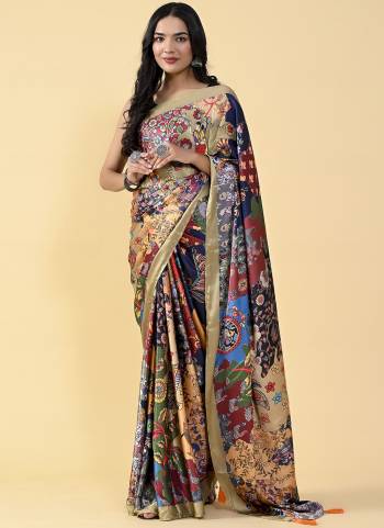 Garb This Partywear Saree Paired With Contrast Blouse.This Saree Are Satin Silk And Blouse Are Silk Based Fabric With Designer Digital Printed. Buy This Pretty Saree Now.