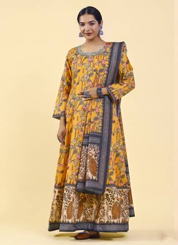 Attrective Looking These Beautiful Looking Readymade Gown With Dupatta.These Gown And Dupatta is Fabricated On Chanderi Silk.Its Beautified With Designer Digital Kalamkari Printed,Hand Work,Stone Work.