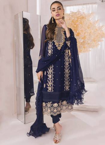 Blue colored pakistani suit is prettified with floral embroidered as shown which makes it appear classy. This top is made of georgette fabric which is accompanied with santoon bottom, santoon lining and georgette work dupatta. Women can buy this suit to wear for their festive, parties, functions and event.