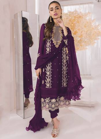 Purple colored pakistani suit is prettified with floral embroidered as shown which makes it appear classy. This top is made of georgette fabric which is accompanied with santoon bottom, santoon lining and georgette work dupatta. Women can buy this suit to wear for their festive, parties, functions and event.