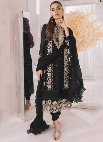 Black colored pakistani suit is prettified with floral embroidered as shown which makes it appear classy. This top is made of georgette fabric which is accompanied with santoon bottom, santoon lining and georgette work dupatta. Women can buy this suit to wear for their festive, parties, functions and event.