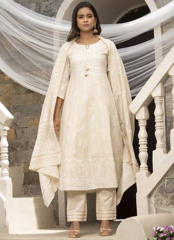 Kurta : Off White Cotton Cambric Printed with Sequins work Anarkali Kurta , has a Round Neck, three-quarter regular sleeves,
Bottom : Off White Cotton Pant With lace Work.
Dupatta : Off White Cotton Malmal Printed dupatta.