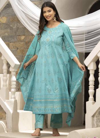 Kurta : Sky Blue Cotton Cambric Printed with Sequins work Anarkali Kurta, has a Round Neck , three-quarter regular sleeves, Gota patti lace, 
Bottom : Sky Blue Cotton Pant With lace Work 
Dupatta : Sky Blue Cotton Malmal Printed dupatta.