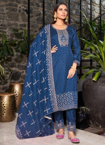 Partywear Designer Blue Blooming Vichitra suit