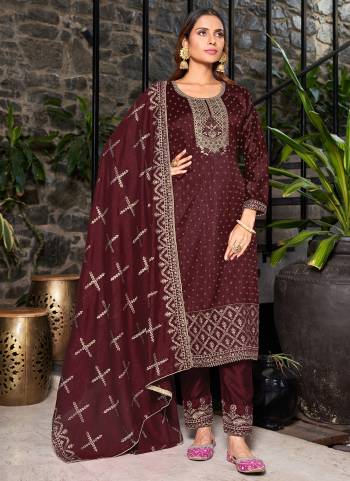 Partywear Designer Dark Maroon Blooming Vichitra suit